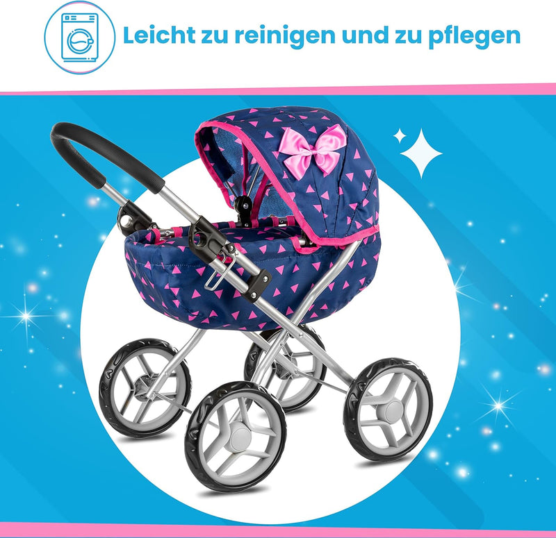 Kinderplay Puppenwagen ab 2, 3 Jahre Kinderwagen Spielzeug - Marineblaue, Puppenwagen Kombi, Leichte