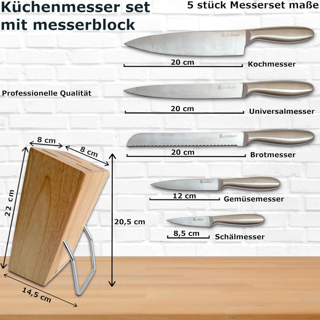 EliteHoff Küchenmesser Set mit Messerblock | Messerset 5 teilig mit Block - Profi Messer für Köche -