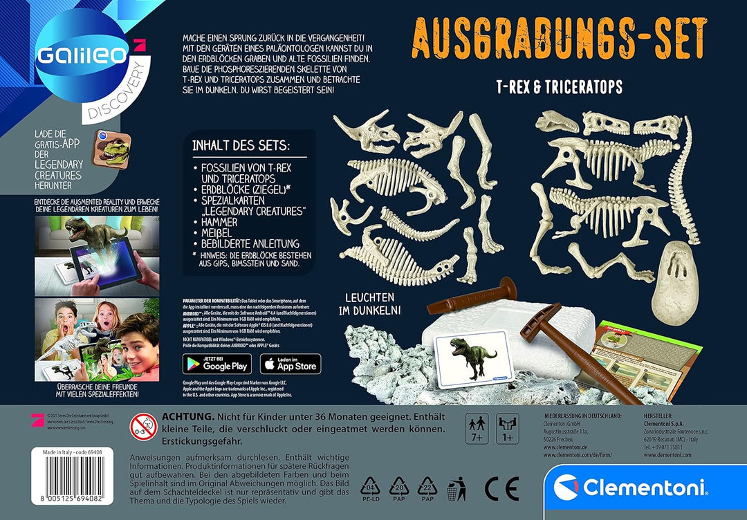 Clementoni 69408 Galileo Discovery Ausgrabungs Set T Rex und Triceratops, Spielzeug für Kinder ab 7