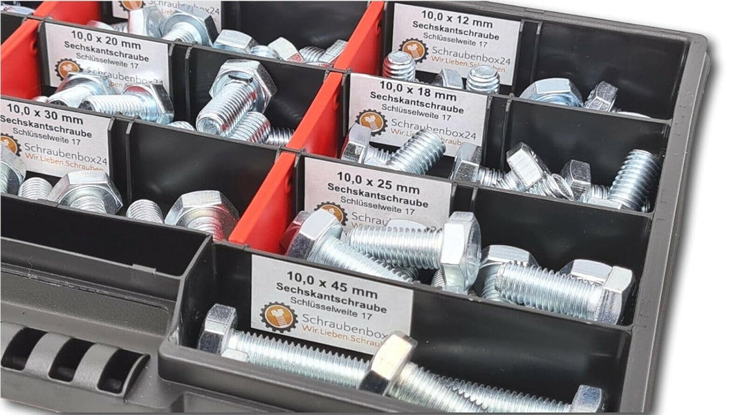 Sechskantschrauben Sortiment M10 // 12mm-45mm 90 tlg. Schraubenbox DIN 933 Vollgewindeschrauben Masc