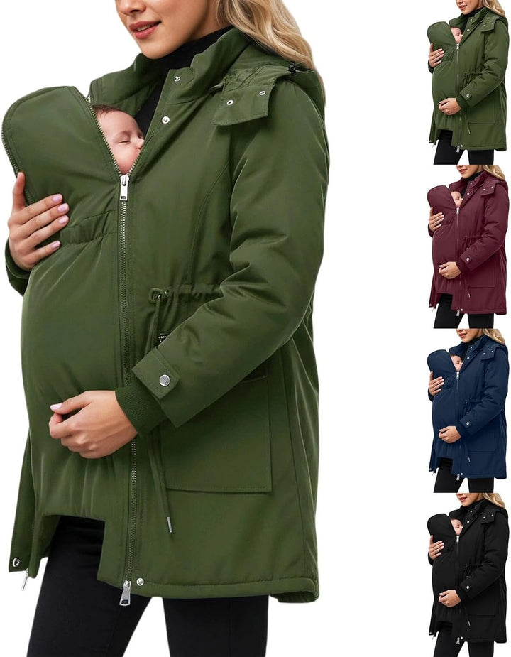 Generisch Umstands Baumwolljacke 3 in 1 Winter Langer Umstandsjacke mit Kapuze und Babyeinsatz Wasse