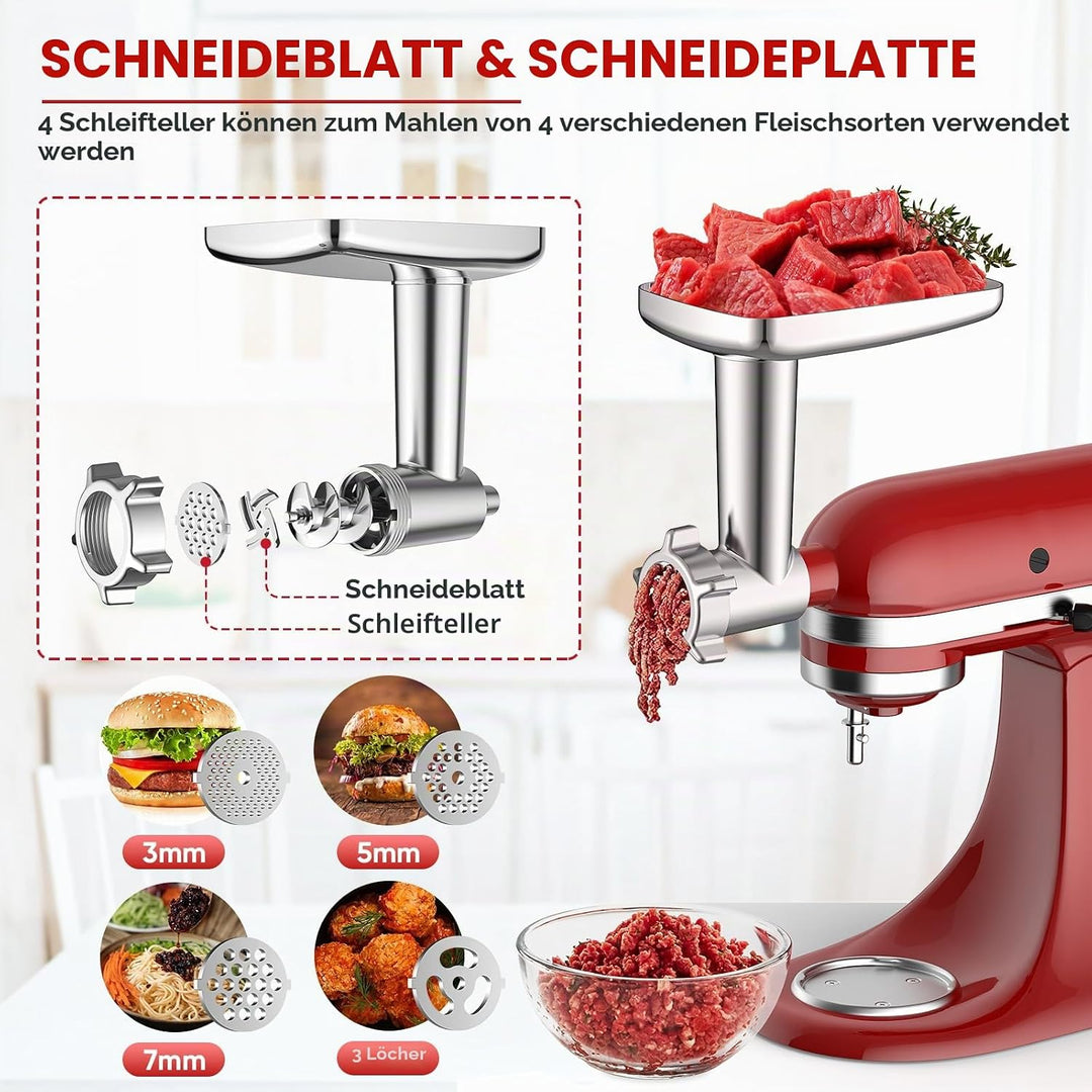 COFUN Fleischwolf Aufsatz für Kitchenaid Zubehör, Metall Fleischwolf Satz mit 4 Mahlscheibe 3 Wurstf