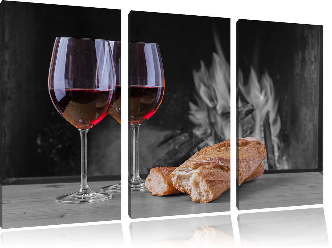 Pixxprint Baguette Wein Picknick als Leinwandbild/Grösse: 3 Teilig (120x80) cm/Wandbild/Kunstdruck/f