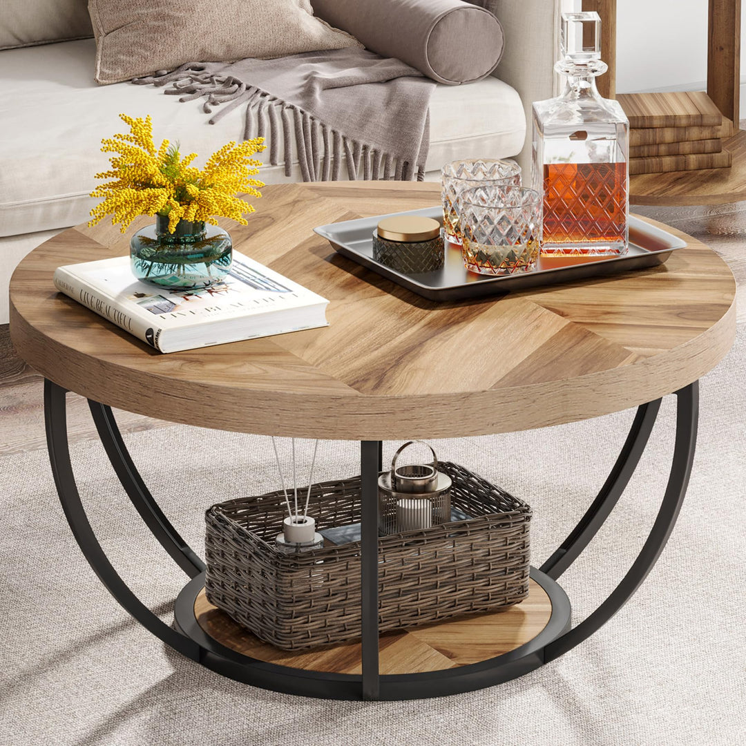 Tribesigns Runde Couchtisch, Industrial 2-Tier-Kreis Couchtisch mit Lagerung Regale, Moderne hölzern