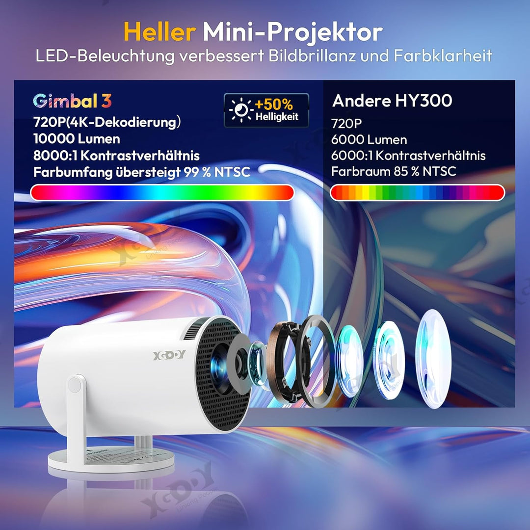 Mini Beamer [2025 Upgraded & Android 11.0] Native 720P HD, unterstützt 4K 1080P, Xgody Gimbal 3 New