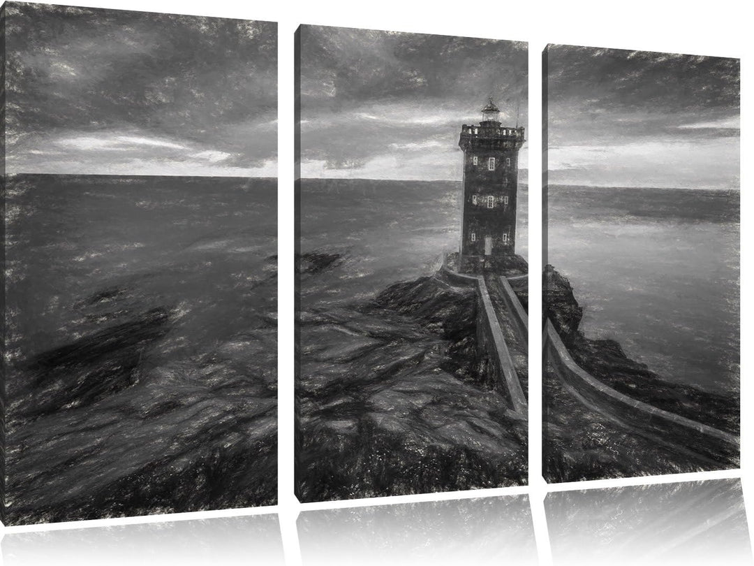 Pixxprint Leuchtturm im Sonnenuntergang / 3-Teilig/Gesamtmass 120cm Leinwandbild bespannt auf Holzra