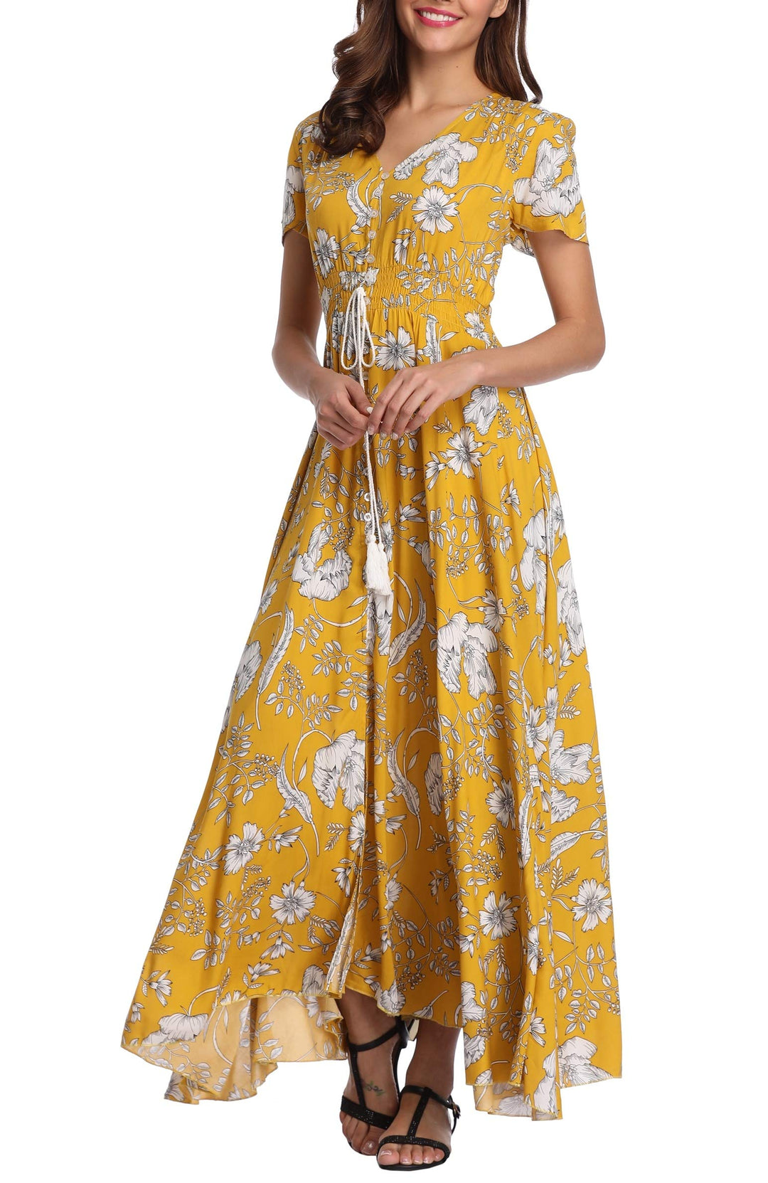 Damen Lange Split Knopf Up Sommer Maxikleid Floral Strandwear Holidy Kleid Hohe Taille mit kurzen Är
