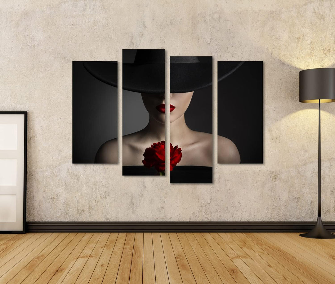 islandburner Bild auf Leinwand Rote Rose Blume Frau Lippen Schwarzer Hut Mode Model Schönheit Bilder