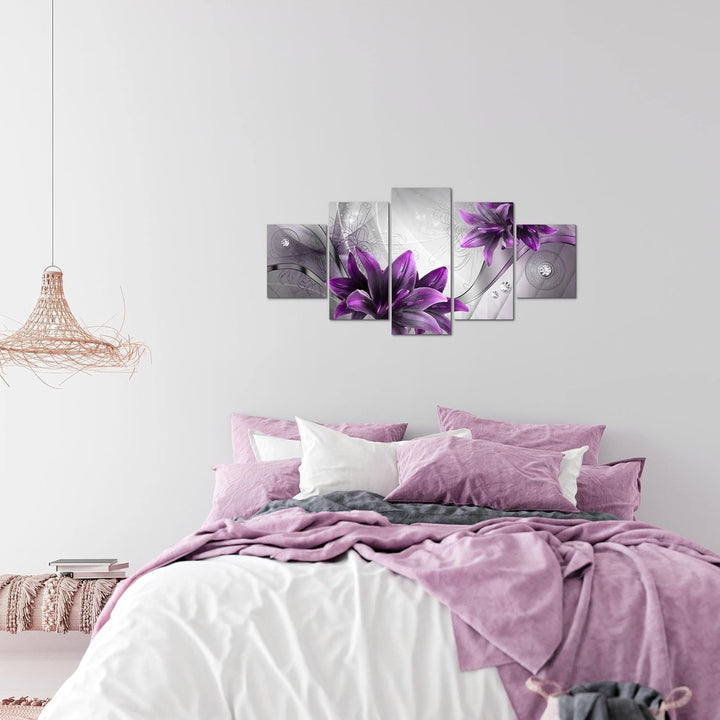 Runa Art Wandbilder Blumen Lilien 5 Teilig Bild auf Vlies Leinwand Deko Wohnzimmer Abstrakt Grau Vio