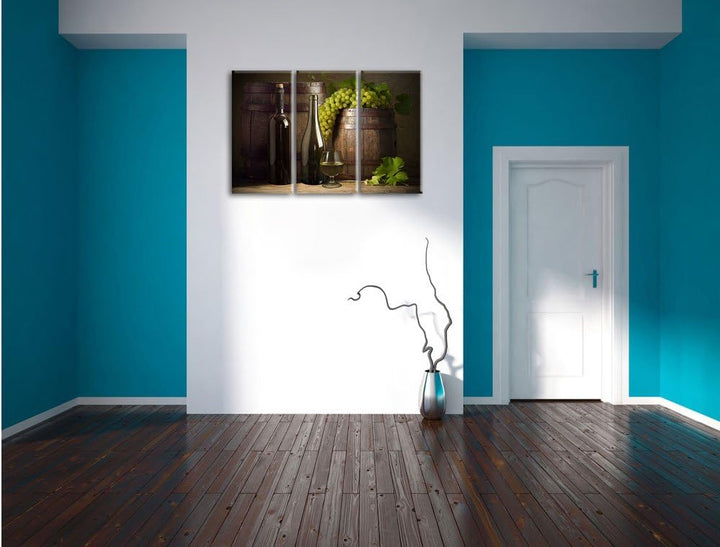 Pixxprint Fässer mit Weintrauben und Wein als Leinwandbild | Grösse: 3 Teilig (120x80) | Wandbild| K