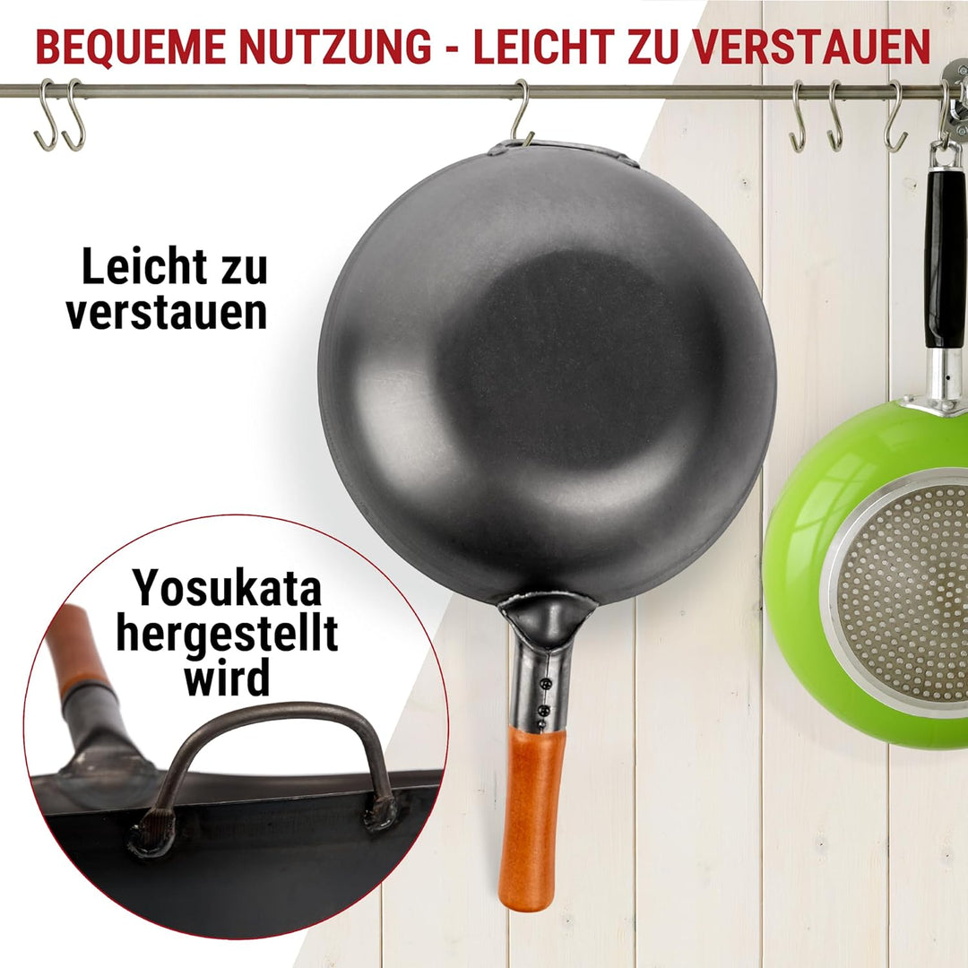 YOSUKATA Wokpfanne aus Karbonstahl – 30 cm Woks und Rührpfannen – Chinesischer Wok mit flachem Boden