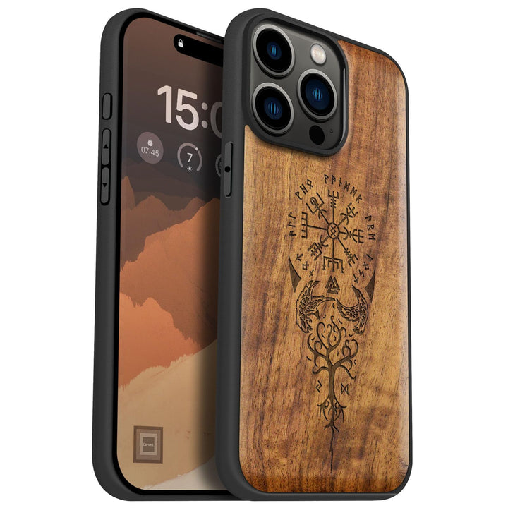 Carveit Holz Cover für iPhone 15 Pro Max hülle, Kompatibel mit Magsafe Silikon Stossfeste Cover, Mag