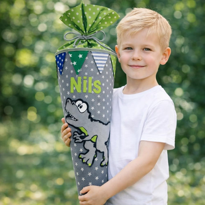 Dinosaurier-Schultüte | 35 cm | kleine Geschwistertüte | Stoff, Einschulung, Schulanfang, Zuckertüte