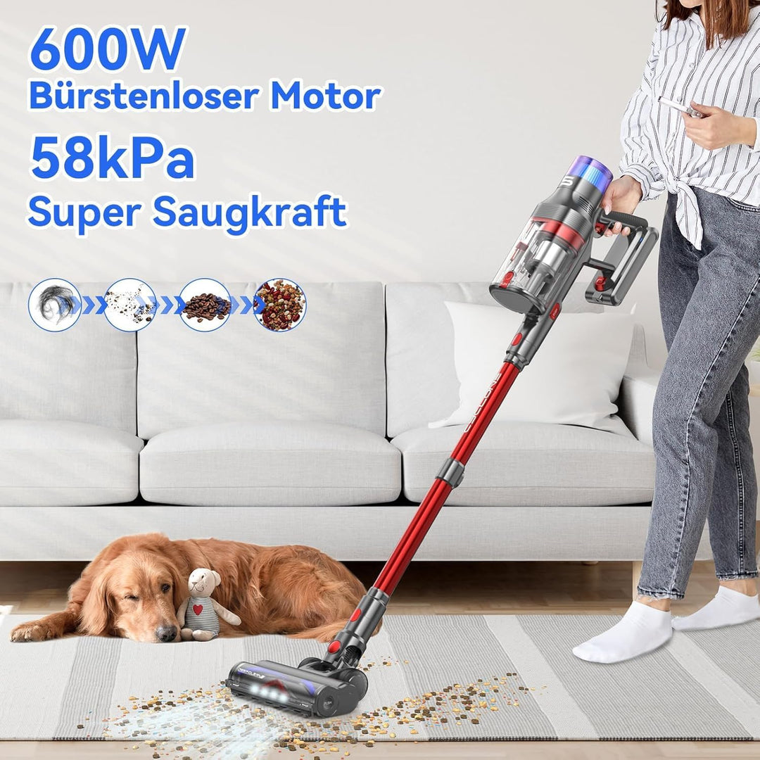 Staubsauger Kabellos 75Min 600W 58KPa, Akku Staubsauger mit Doppelter Staubbehälter Automatikmodus A