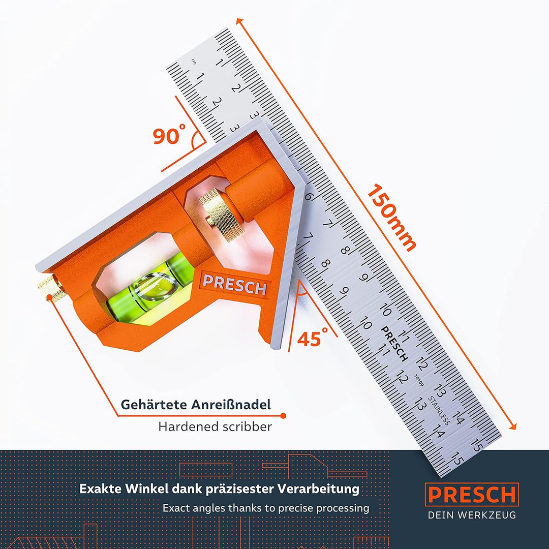 Presch Kombinationswinkel 150mm - Präziser, handlicher Universalwinkel aus Metall mit Linealanschlag