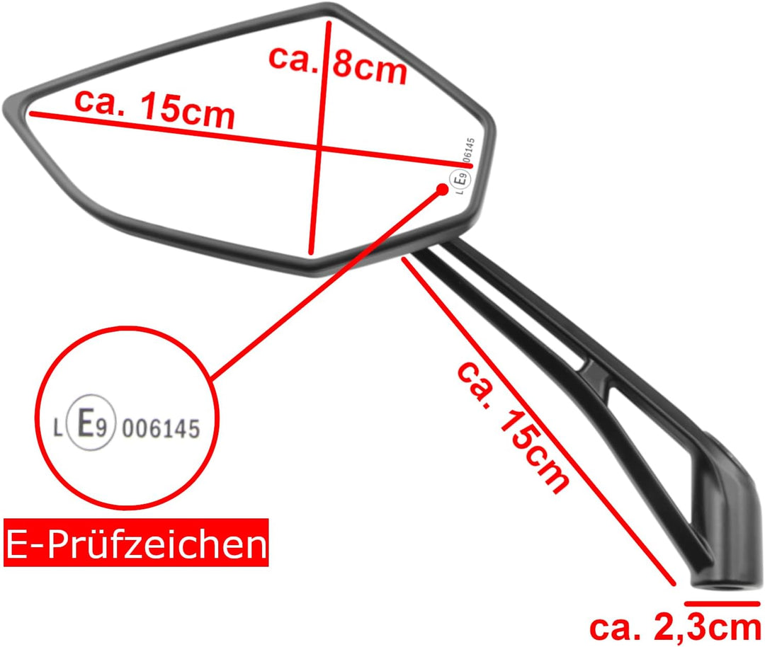 Area1 Universal Motorrad Rückspiegel Paar e-geprüft 2x M10 Rechtsgewinde + Linksgewindeadapter, komp