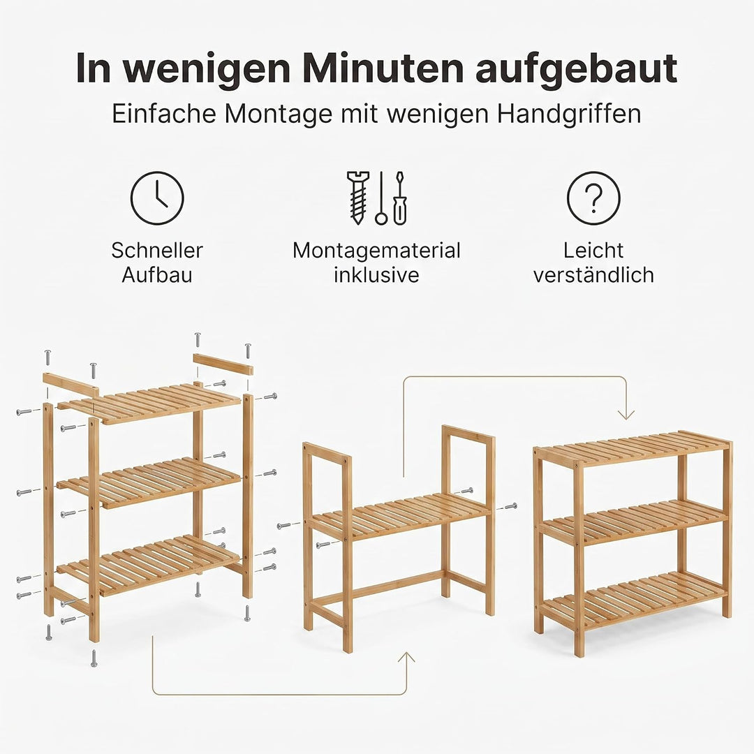 hausleben Bambus Schuhregal, 3 Ebenen, 70x28x50 cm, Naturholz Standregal | Umweltfreundlich &amp; Stabil