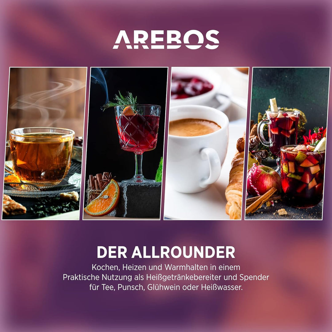 Arebos Glühweinkocher 1650 W | Heissgetränkespender | 20 L | mit Auffangschale, Auslasshahn, Thermos