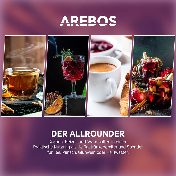 Arebos Glühweinkocher 1650 W | Heissgetränkespender | 20 L | mit Auffangschale, Auslasshahn, Thermos
