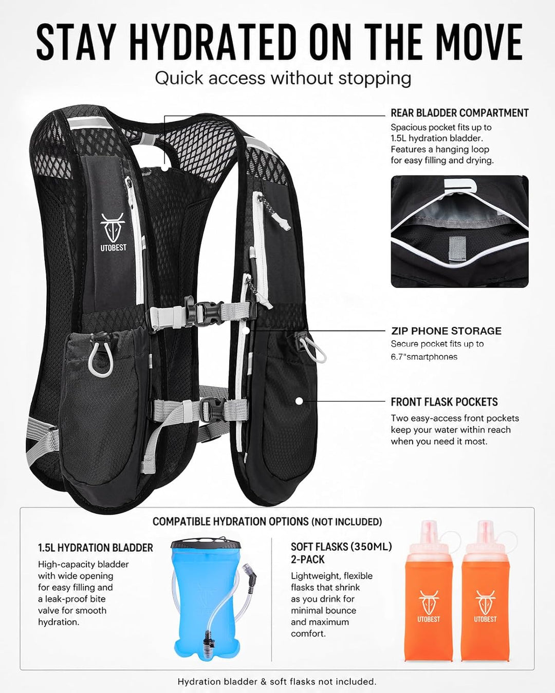 UTOBEST Trinkrucksack 5L Herren Damen Ultraleicht Laufrucksack für Laufen,Marathon,Jogging,Radfahren