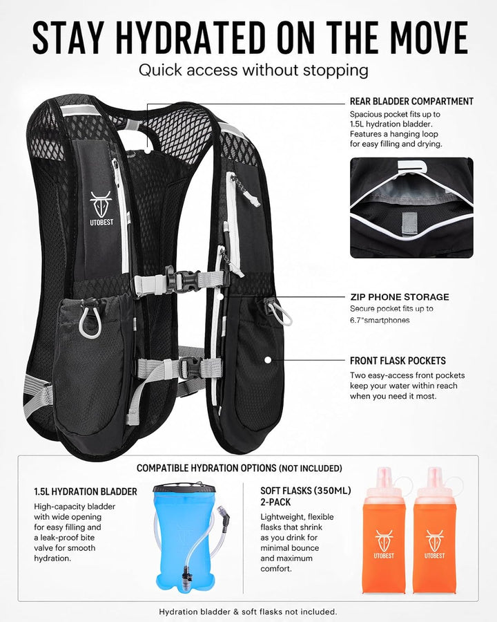 UTOBEST Trinkrucksack 5L Herren Damen Ultraleicht Laufrucksack für Laufen,Marathon,Jogging,Radfahren