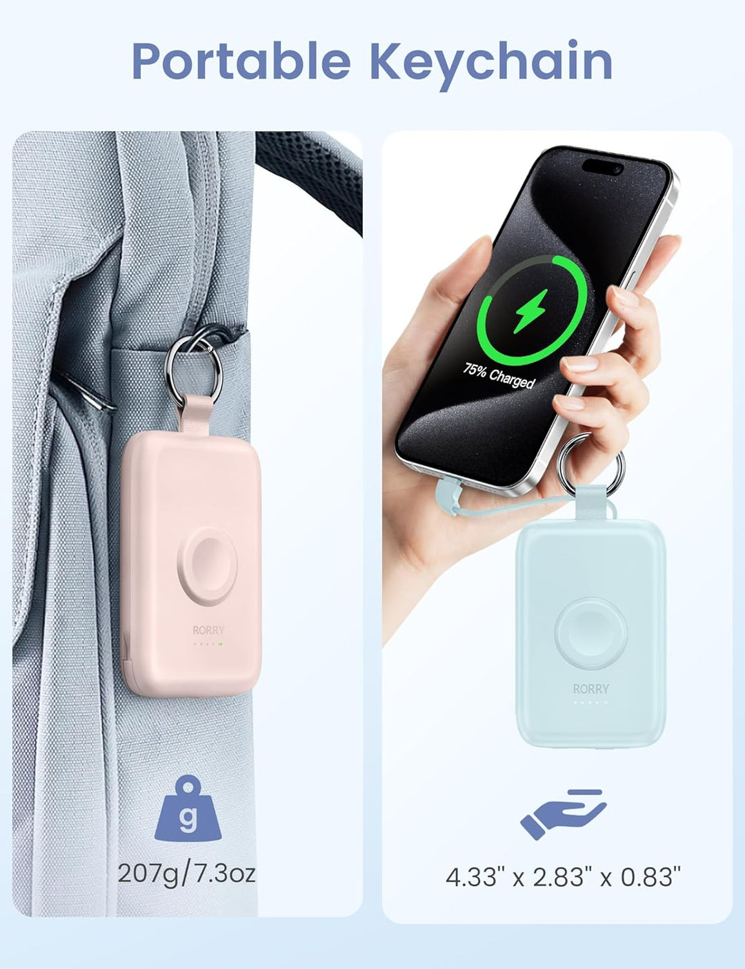 RORRY Power Bank,10000mAh PD 20W Leistung, Reise Schlüsselanhänger Ladegerät Kompatibel mit iPhone 1