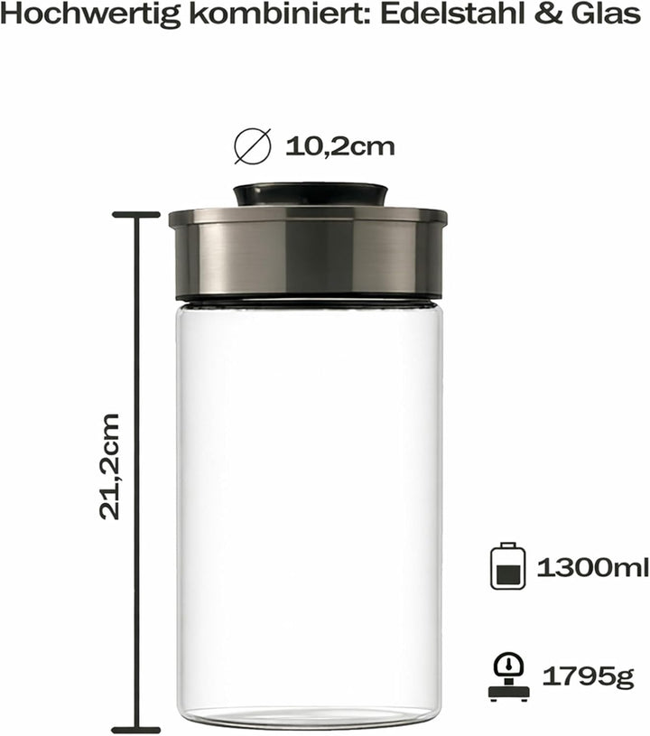 BURI Vorratsglas Vakuumglas 3er Set 1300ml | Vorratsdosen Glas mit Edelstahl Deckel & Vakuum Klick-M
