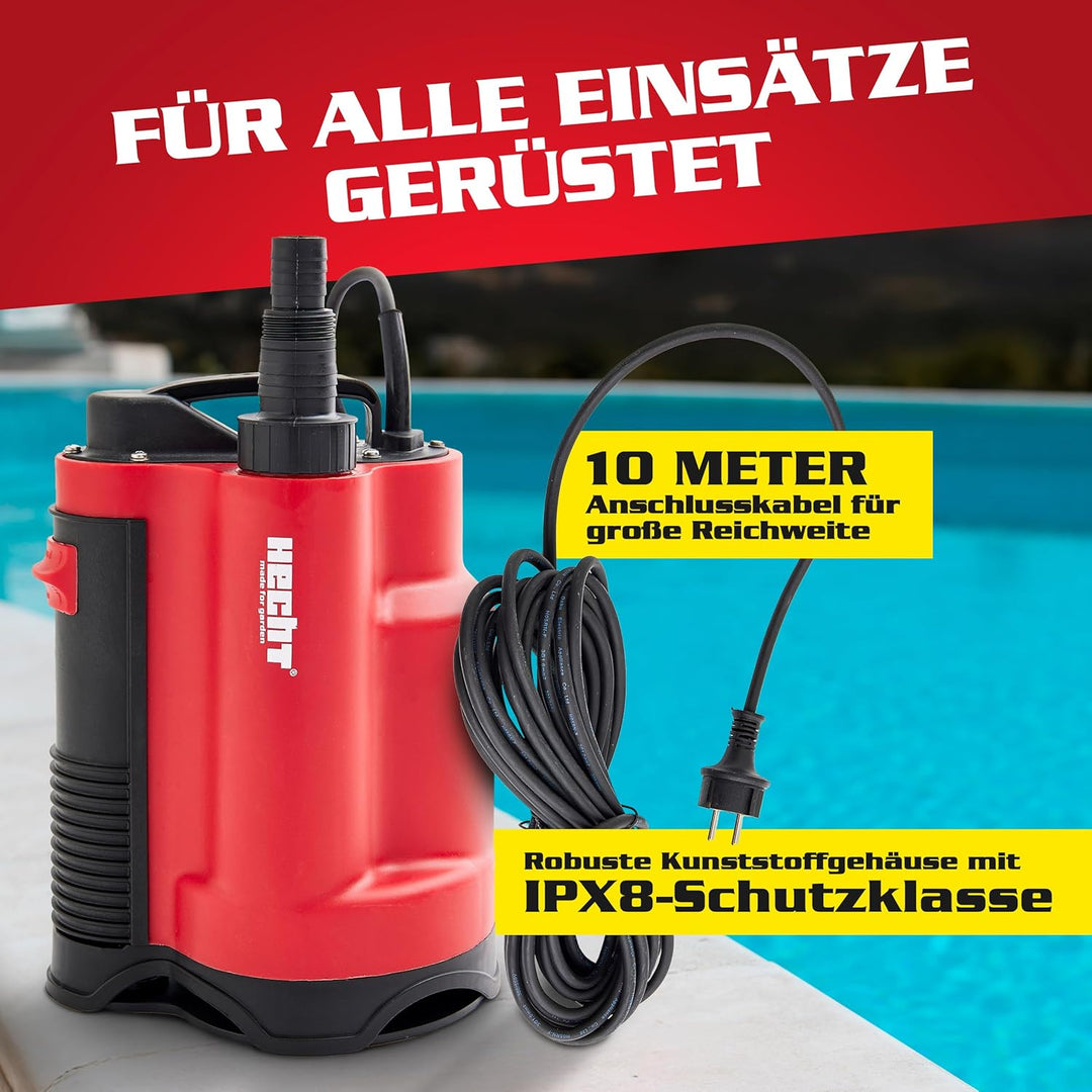 HECHT Tauchpumpe 750 W – 13 000 l/h Schmutzwasser &amp; Klarwasser Automatik-Schwimmerschalter – Bis 9 m