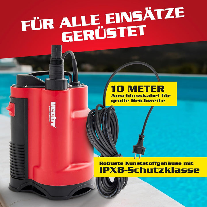 HECHT Tauchpumpe 750 W – 13 000 l/h Schmutzwasser &amp; Klarwasser Automatik-Schwimmerschalter – Bis 9 m