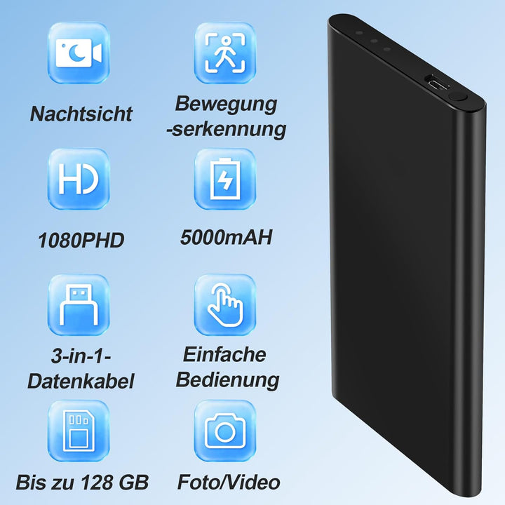 SecuraLen Mini HD Kamera, Dual-Funktion 1080P HD Powerbank Kamera, 17h Aufnahme mit 5000 mAh Akku &