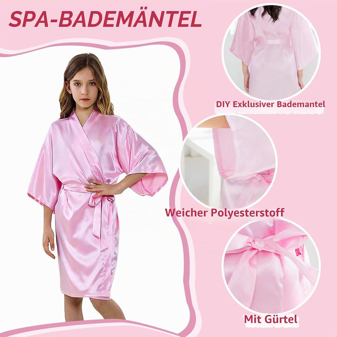 LYCN 12 Stück Mädchen Morgenmantel, Kinder Kimono Bademantel aus Seidensatin mit 6 Schleifen-Stirnbä