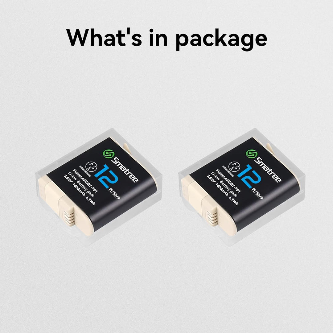 Smatree 1800mAh Li-Ionen-Ersatzakku 2-Pack kompatibel für GoPro Hero 12, GoPro Hero 11, GoPro Hero 1