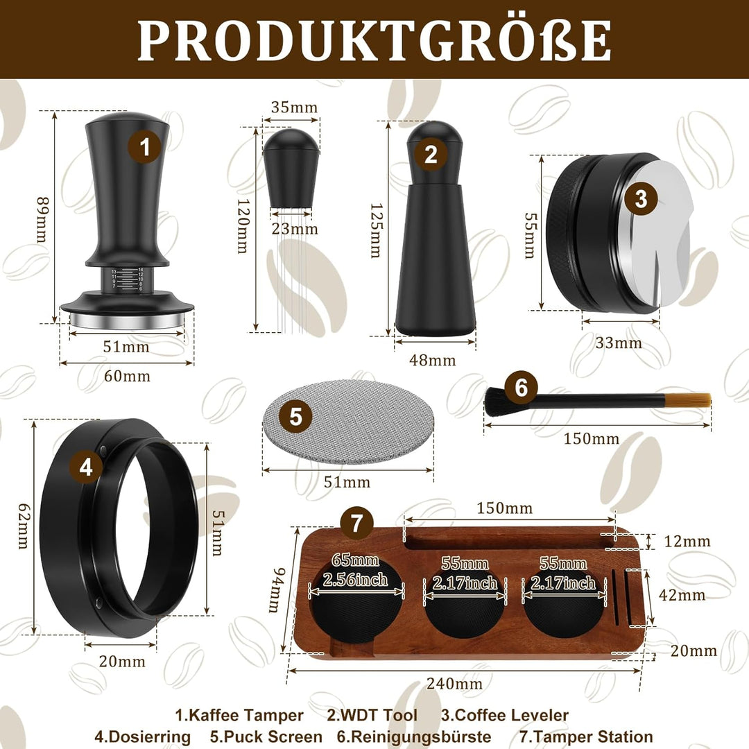 Espresso Tamper Set 51mm mit Espresso Nadel, Kaffee Tamper mit Distributor Tampermatte, Dosierring 5