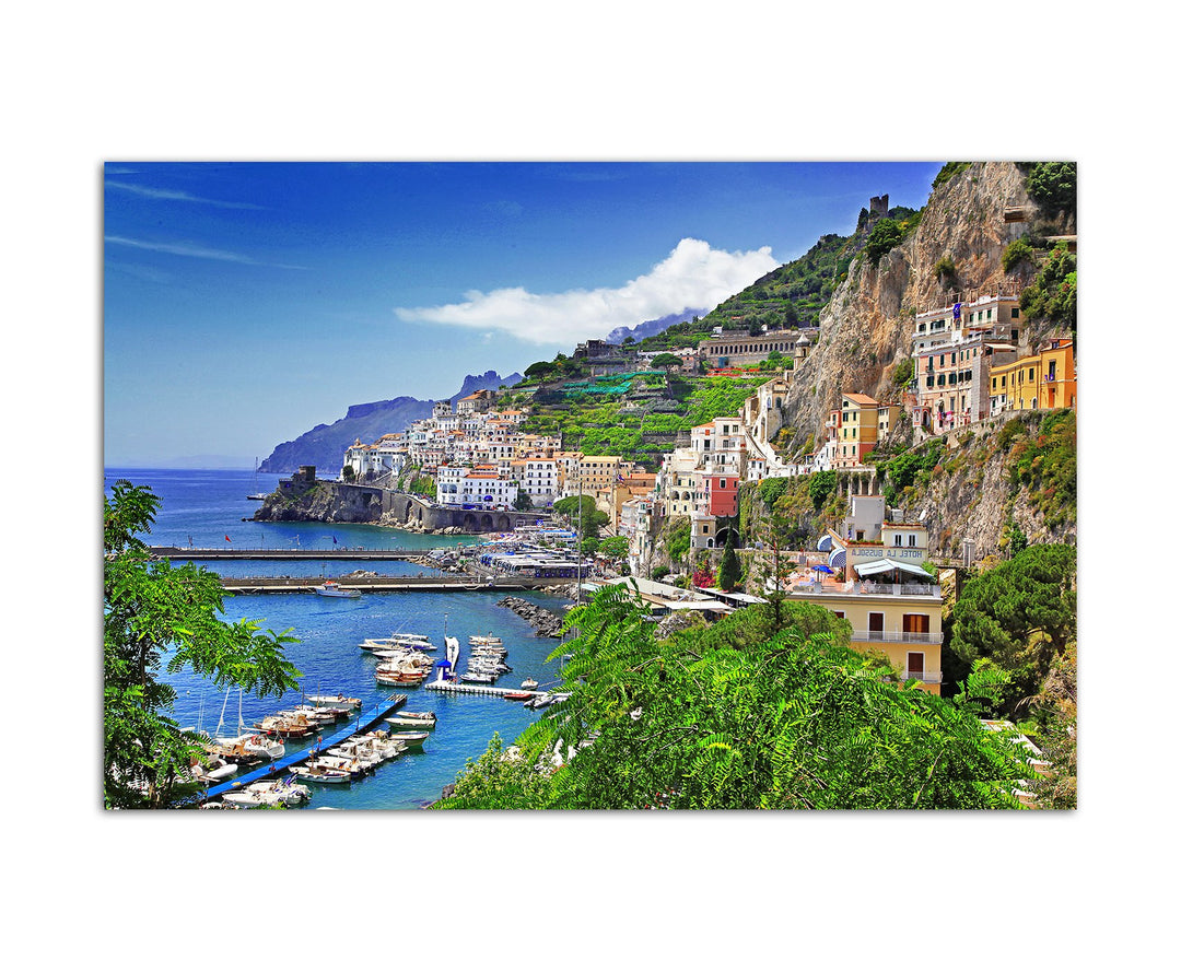 Paul Sinus Art 120x80cm - WANDBILD Amalfi Italien Meer Küste Dorf Hafen Boote - Leinwandbild auf Kei