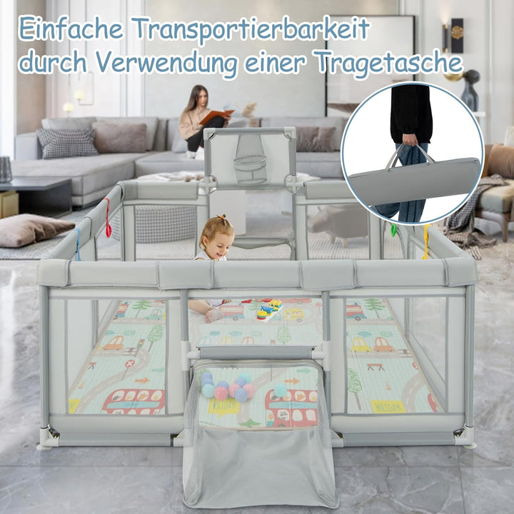 DREAMADE Laufstall baby, 188 x 157cm Laufgitter mit Matratze & Basketballkorb & Zugring, Schutzgitte