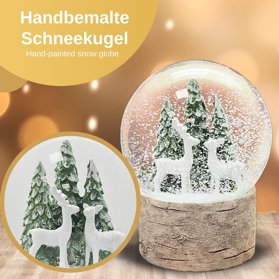 Schneekugel Weihnachten | Hüttenzauber Zwei Rehe Tannenbaum | Sockel Holzoptik | Höhe: 12cm Breite 1