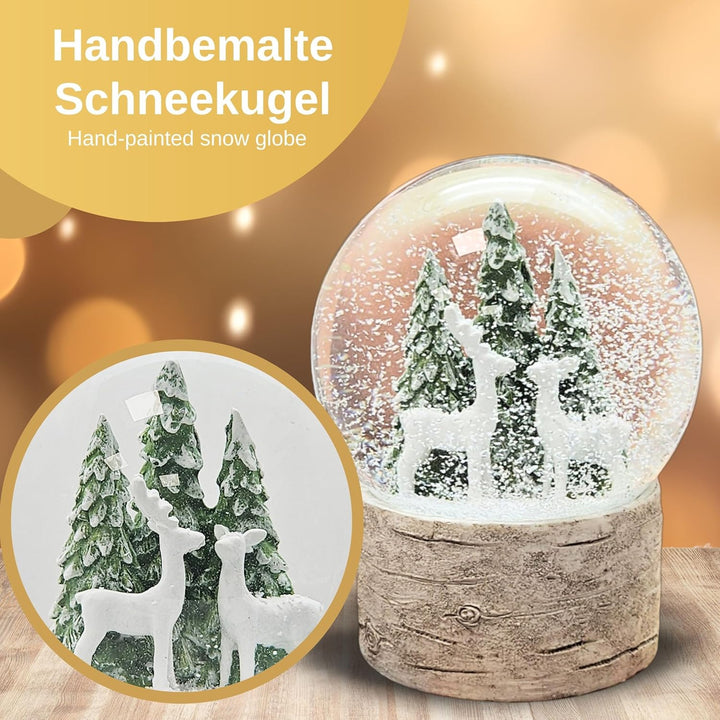 Schneekugel Weihnachten | Hüttenzauber Zwei Rehe Tannenbaum | Sockel Holzoptik | Höhe: 12cm Breite 1
