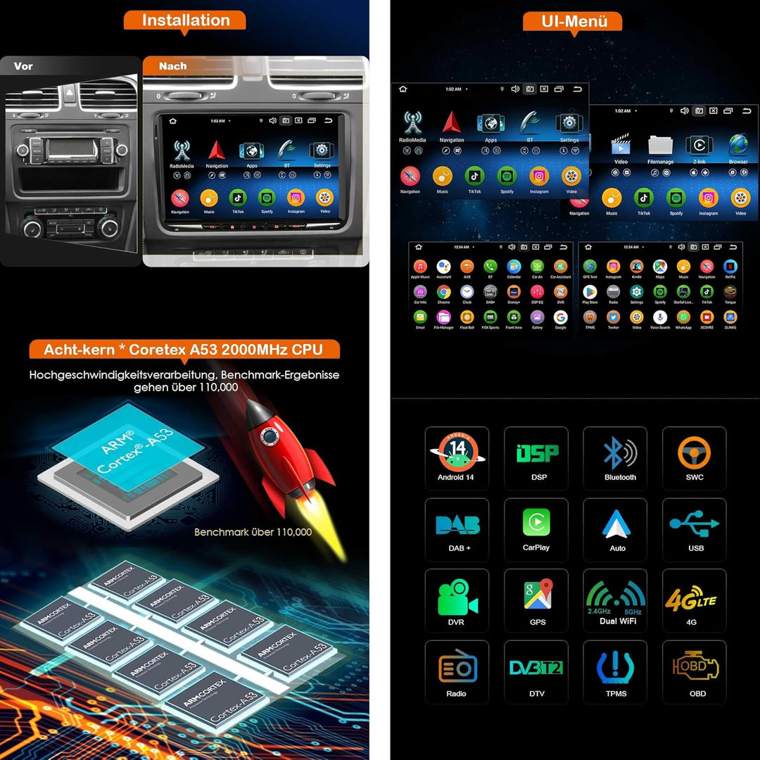 Erisin Android 14 9 Zoll 4GB RAM+64GB ROM 8-Kern Autoradio GPS Navi für VW Passat B6 Golf V VI Toura