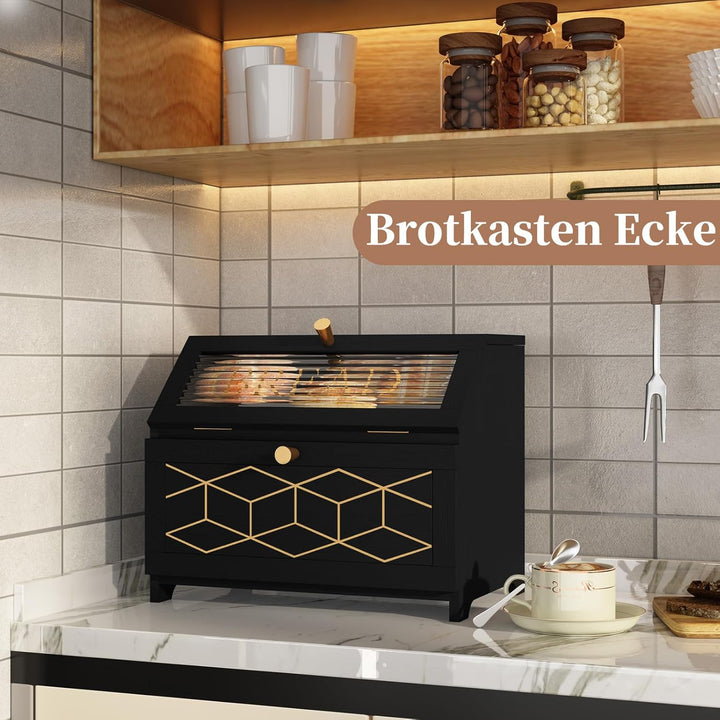 Brotkasten Holz, 2 Etagen Brot Aufbewahrungsbox, Gross Brotkasten Schwarz Mit Transparentem Fenster