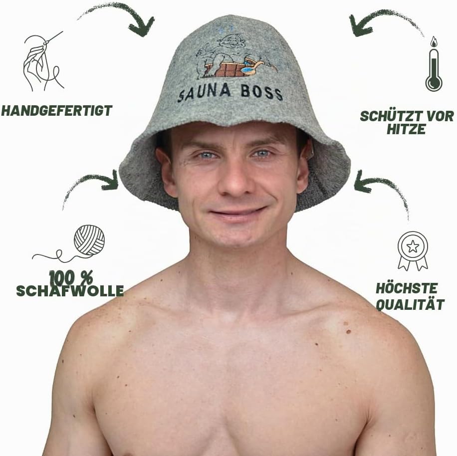 Saunahut für Damen und Herren aus Filz - Sauna Boss – Grau Saunahut für Herren und Damen aus 100Proz