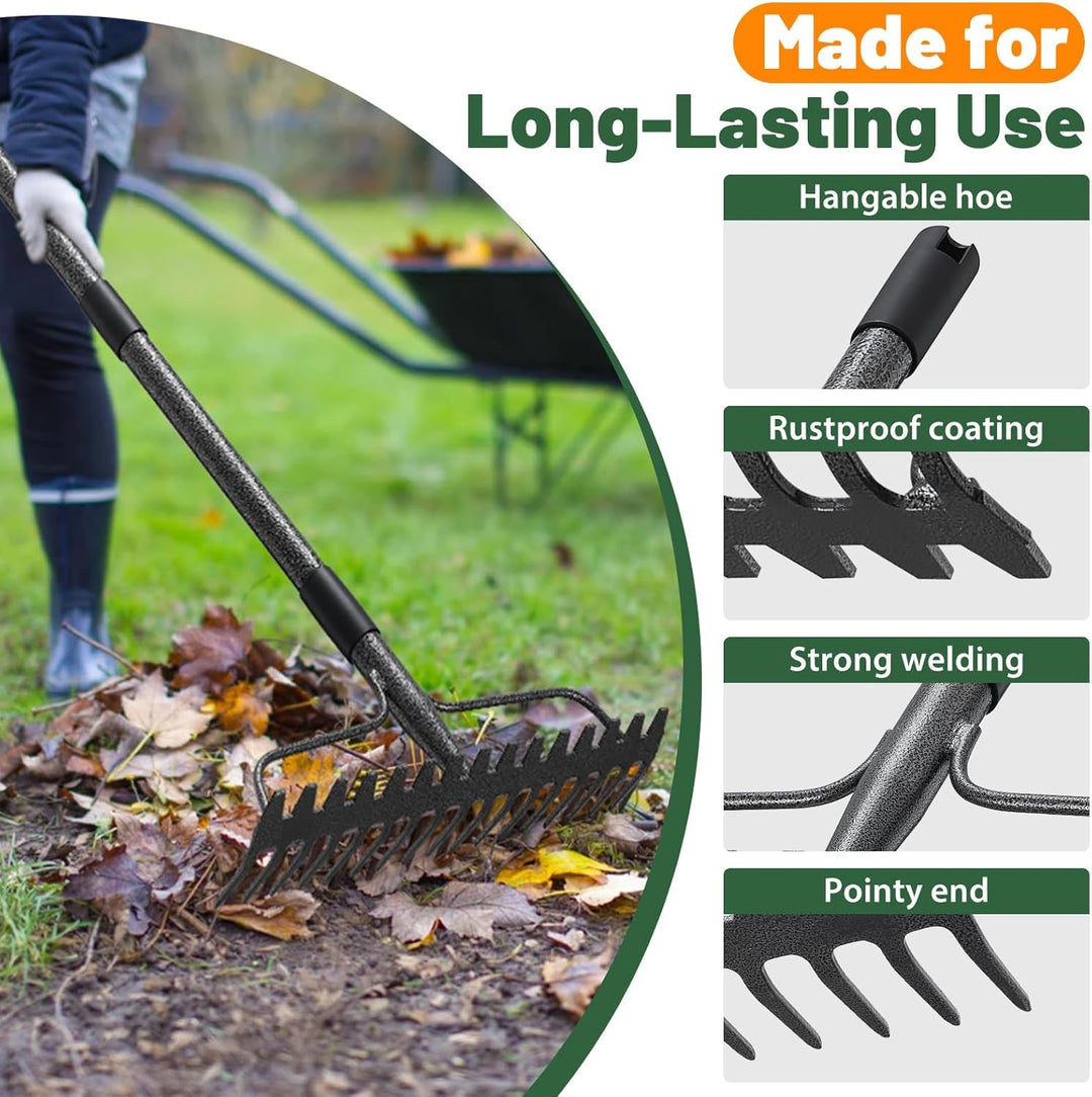 Gartenrechen 190 cm - Robuste Metall Gartenharke mit Stiel und 17 Zinken für Rasen, Laub & Boden | R