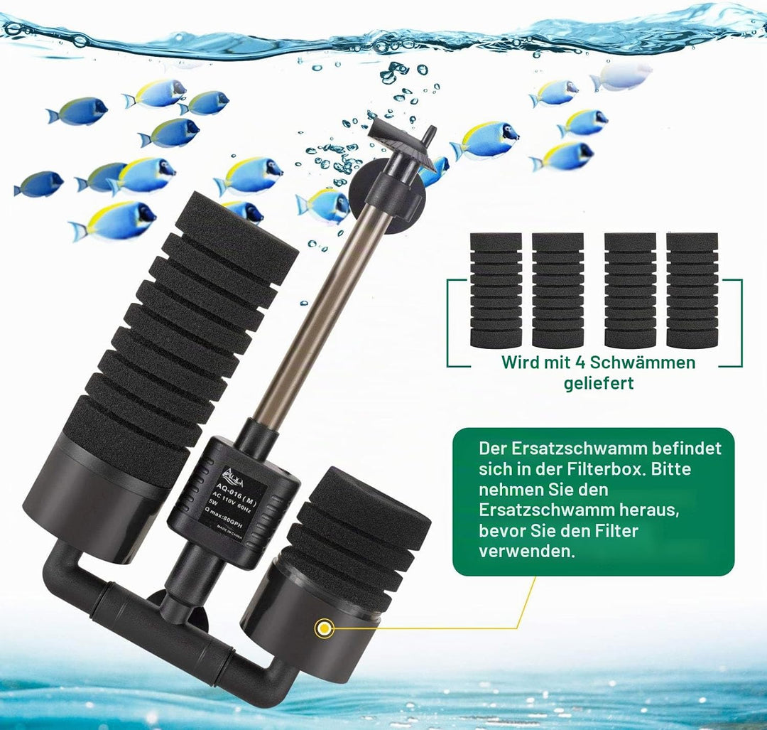 AQQA Aquarium Schwammfilter,3/5W Elektrischer Aquarium Filter,Leiser Tauchschaum Doppelschwammfilter