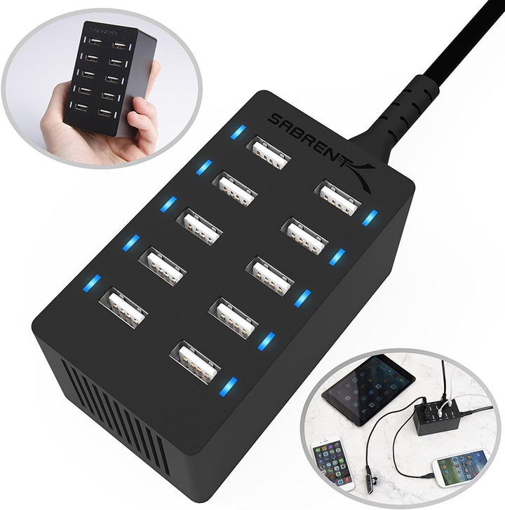 SABRENT USB Ladegerät, 60Watt 10ports USB-Schnellladegerät Ladestation Mehrfach, mit Netzteil, Lades