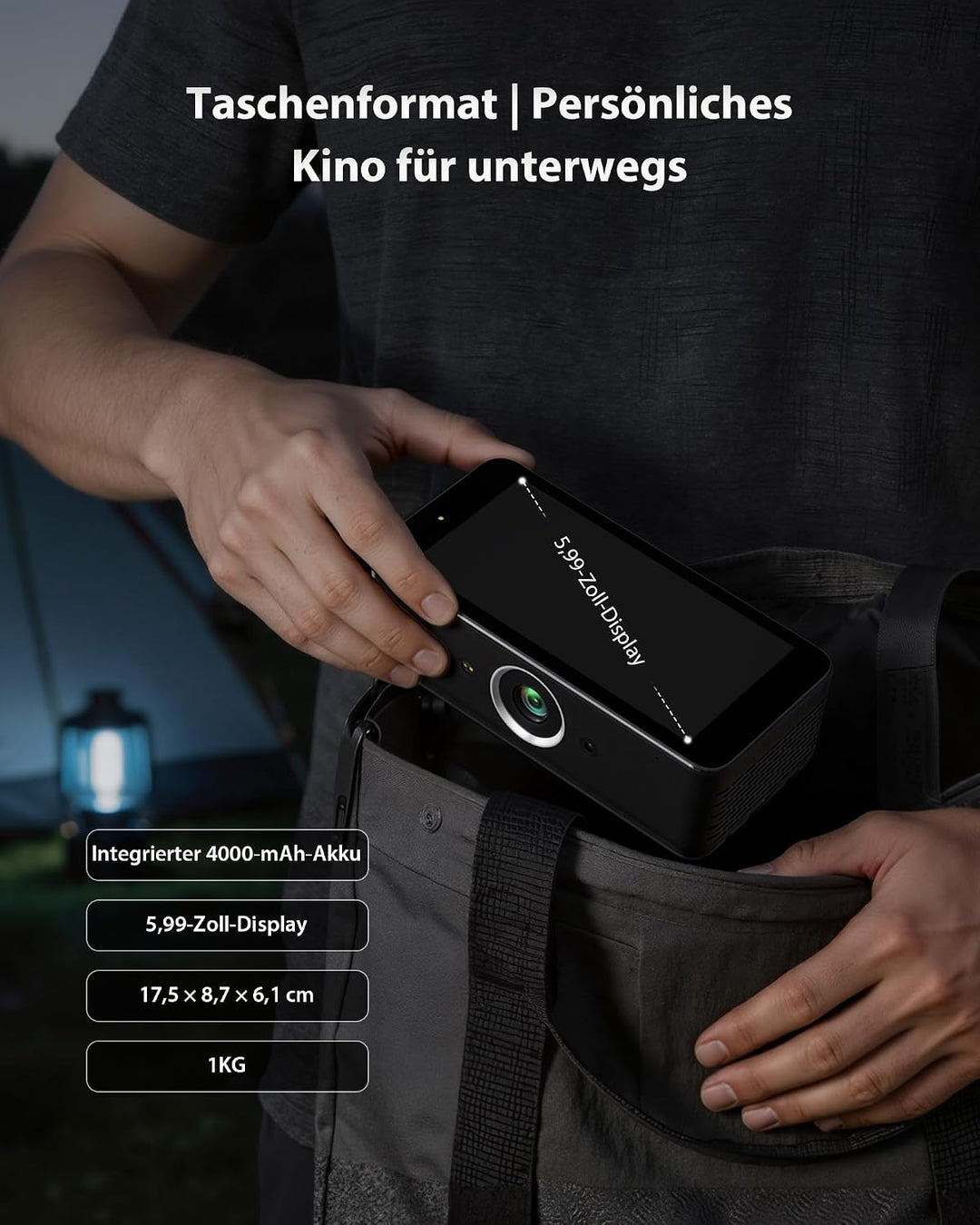 Estelle Smart Beamer 4K mit 64GB Speicher, Integriertem Akku, Android 12 | Mini Beamer Outdoor mit N