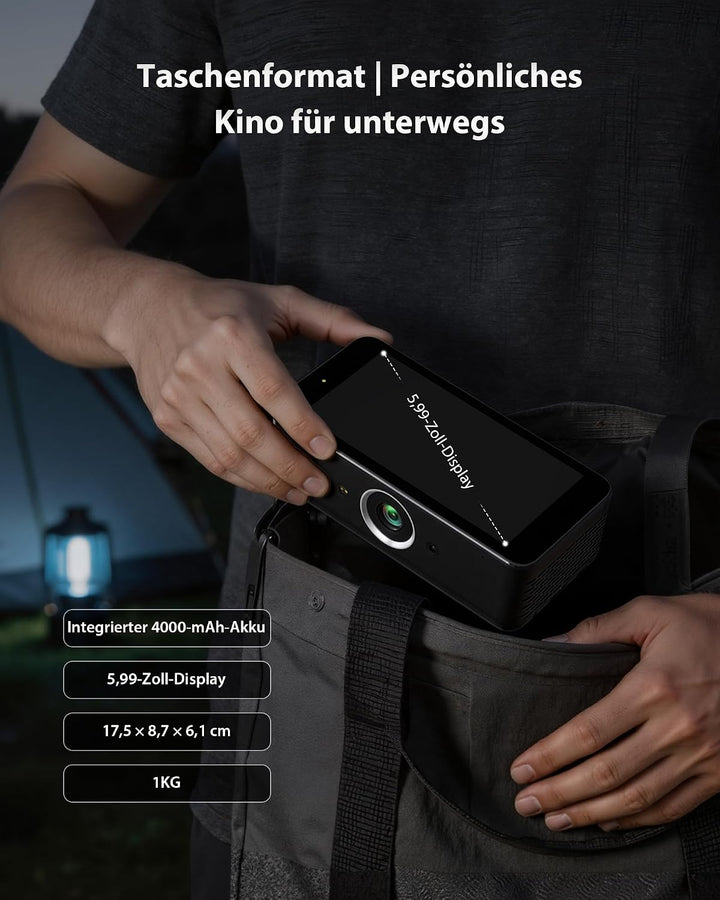 Estelle Smart Beamer 4K mit 64GB Speicher, Integriertem Akku, Android 12 | Mini Beamer Outdoor mit N