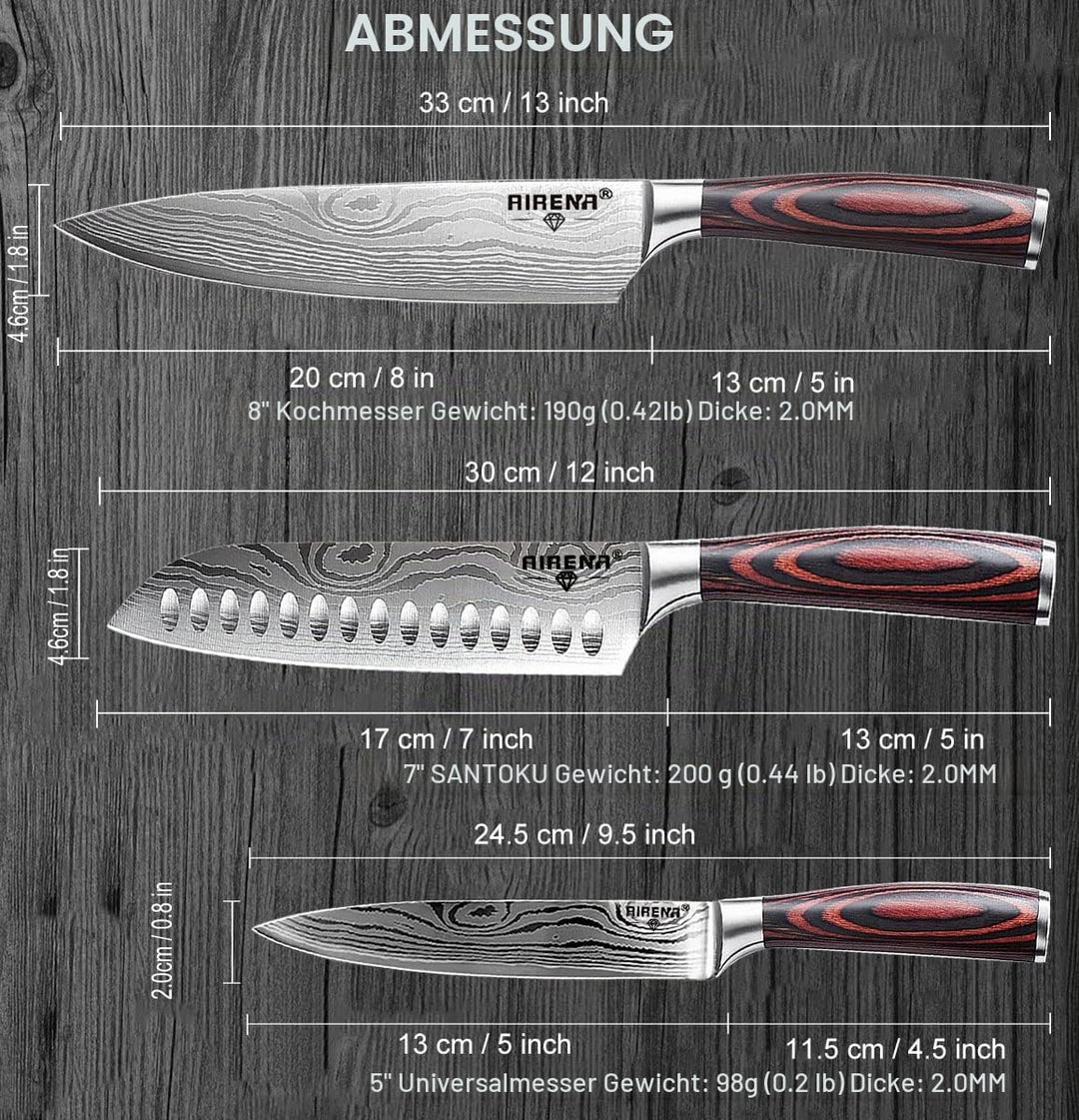 AIRENA Küchenmesser Set,3-tlg Messerset aus hochwertigem Carbon Edelstahl, Profi Messer set mit 8" K