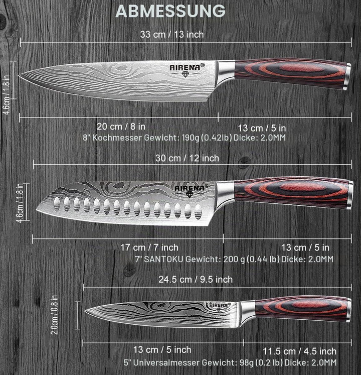 AIRENA Küchenmesser Set,3-tlg Messerset aus hochwertigem Carbon Edelstahl, Profi Messer set mit 8" K