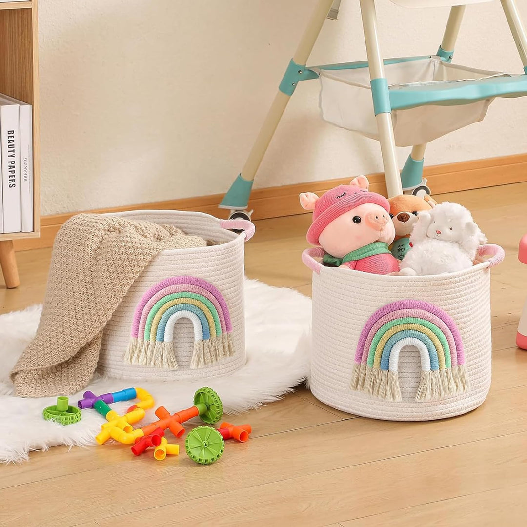 Spielzeug-Aufbewahrungskörbe, gewebtes Baumwollseil, Aufbewahrungskorb mit 3D-Regenbogen-Dekor für K
