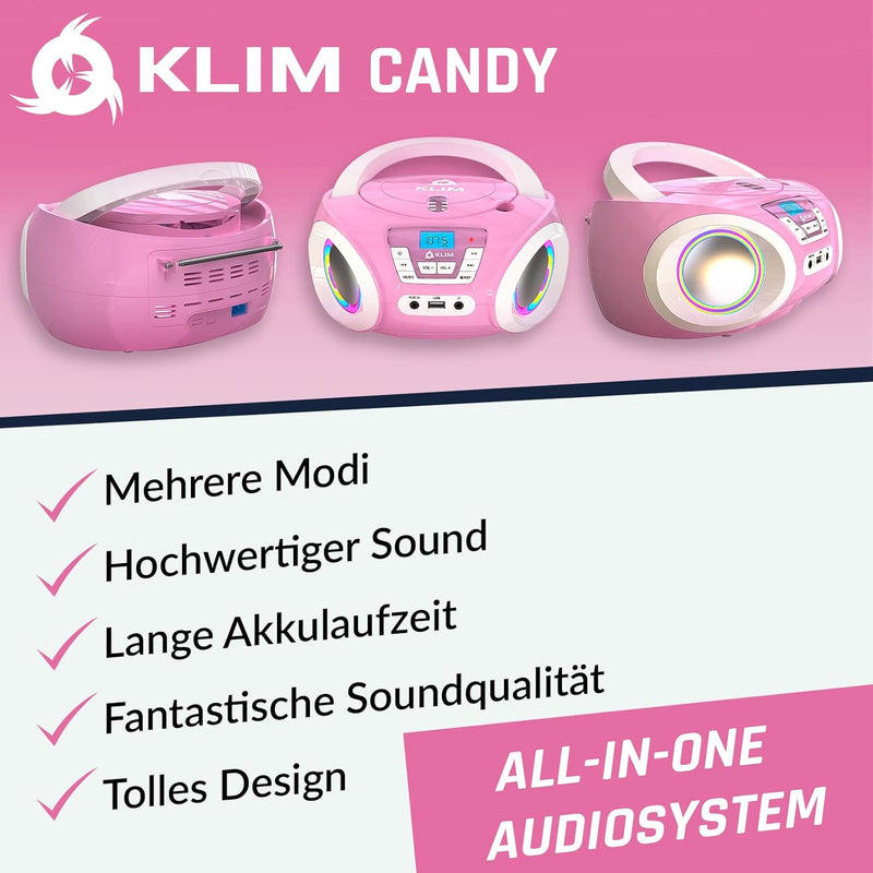 KLIM Candy Kids CD Player für Kinder - NEU 2024 - UKW-Radio - Inklusive Batterien - Rosa - Boombox t