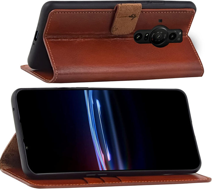 Suncase Book-Style Hülle kompatibel mit Sony Xperia Pro-I Leder Tasche (Slim-Fit) Lederhülle Handyta